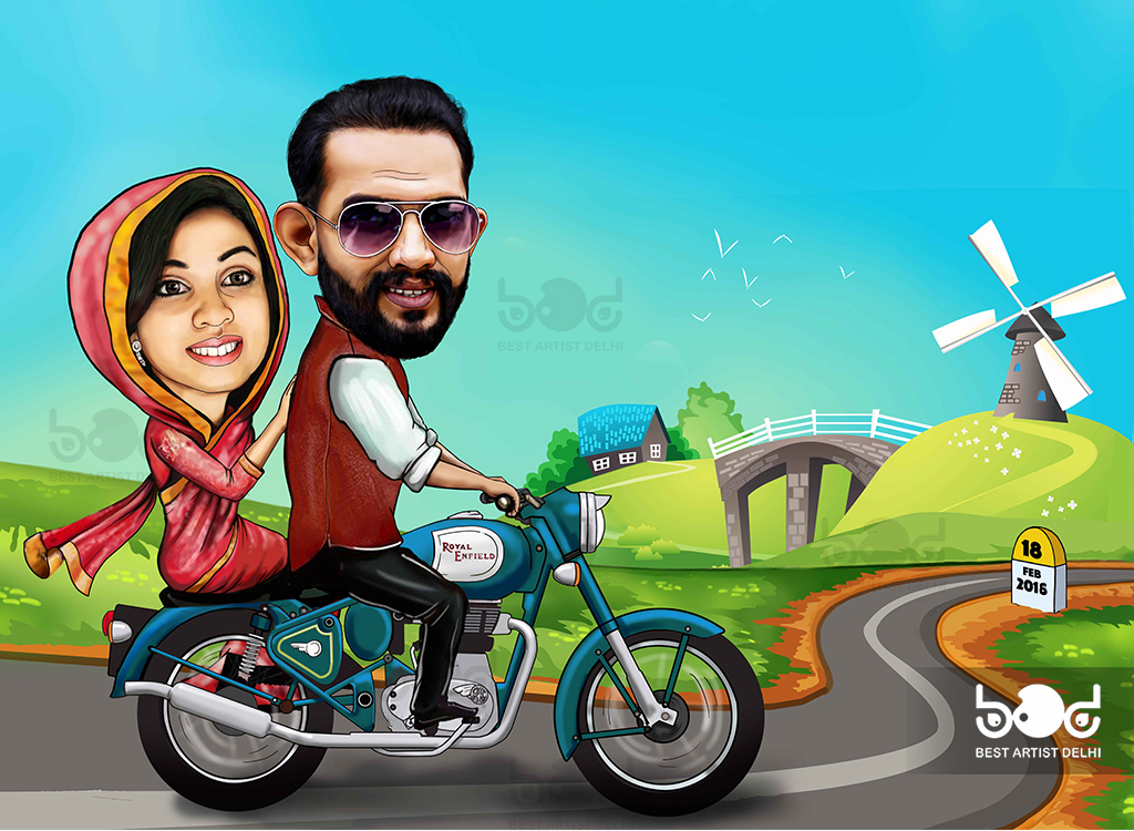 Wedding couple Digital caricature, Wedding card caricature artist in Delhi