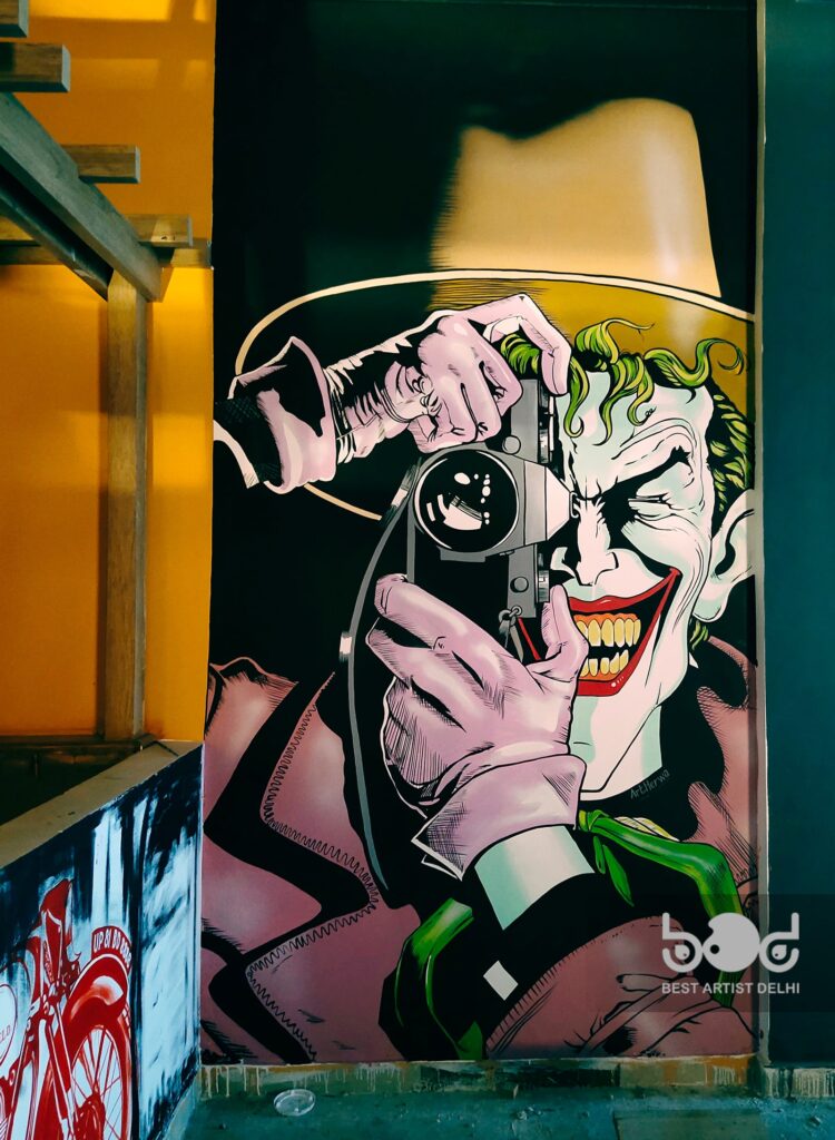 joker graffiti art in lucknow, Graffiti artist in Delhi, Wallpainting in Delhi, wall art in Delhi, wall painting artist in Delhi, mural art in Delhi