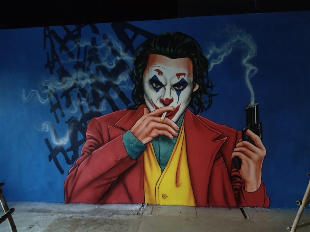 joker wall painting artist in delhi ncr, joker graffiti artist in delhi, joker shutter graffiti art, street wall painting in delhi, wall art in delhi, wall painting artist in delhi, mural art in delhi
